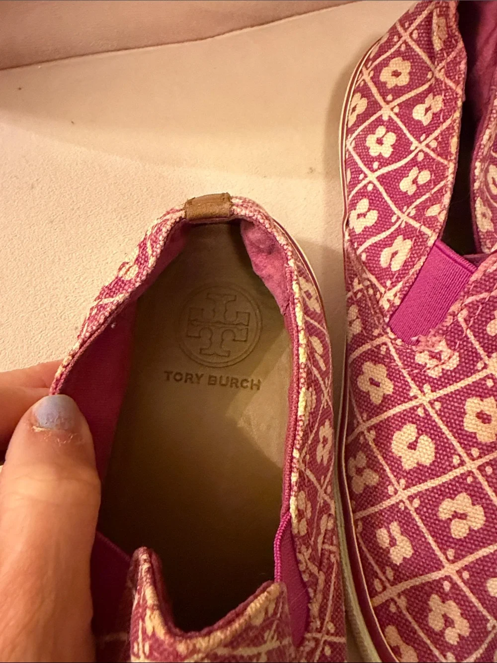 Tory Burch Pink and Tan Patterned Canvas Slip-Ons